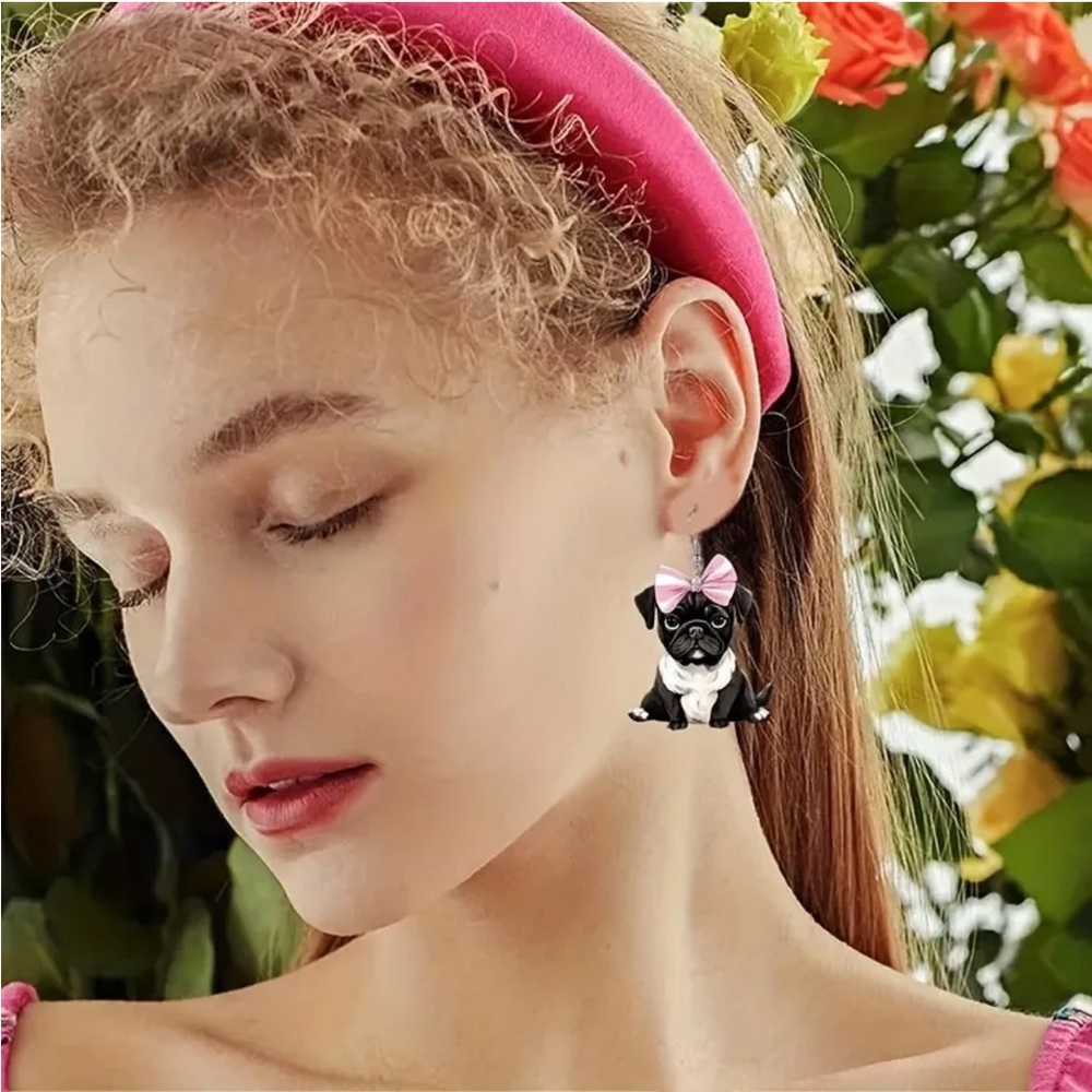 Adorable Pug Earrings with Pink Bow - Picture 5 of 5